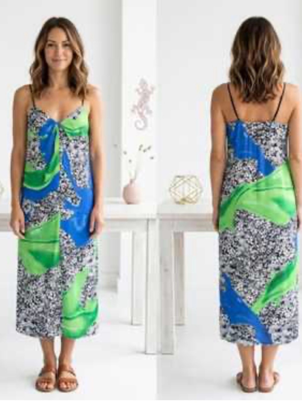 Clover Canyon Abstract Floral Tie Front Maxi Dress Blue Green Size M